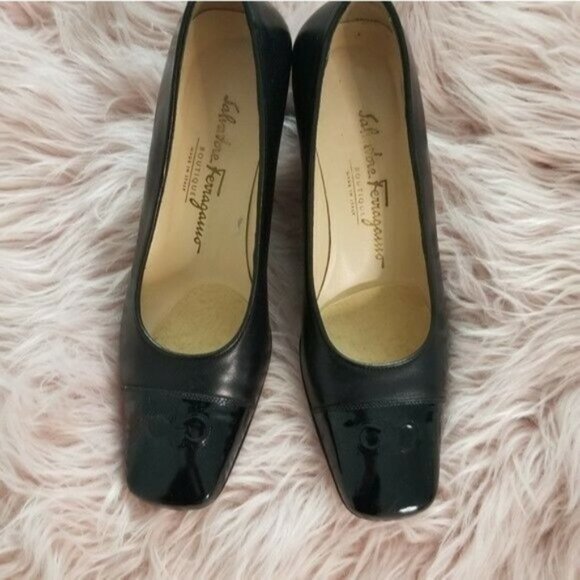 Salvatore Ferragamo Margaret Black Cap Toe Pumps